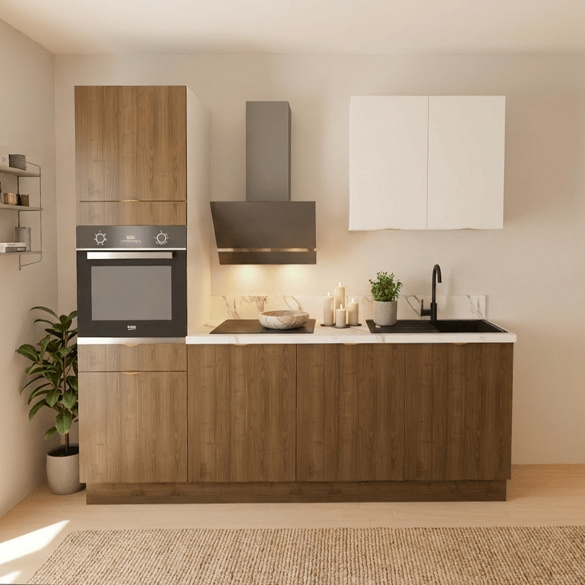 Cuisine complète Noyer et Blanc mat 240 cm avec meuble colonne - Avec Plan de travail et Crédence