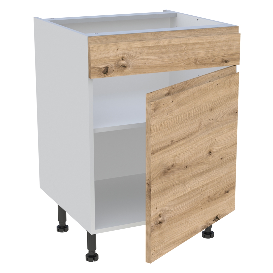 Meuble bas cuisine 1 porte, 1 faux tiroir H. 87 cm x L. 60 cm - Chêne naturel sans poignée