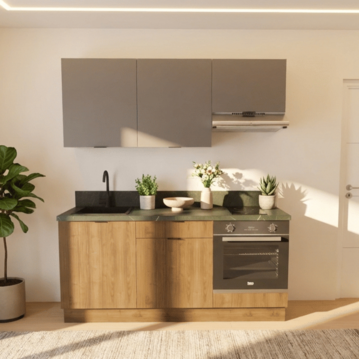 Cuisine complète Noyer et Gris mat 180 cm avec meuble four - Avec Plan de travail