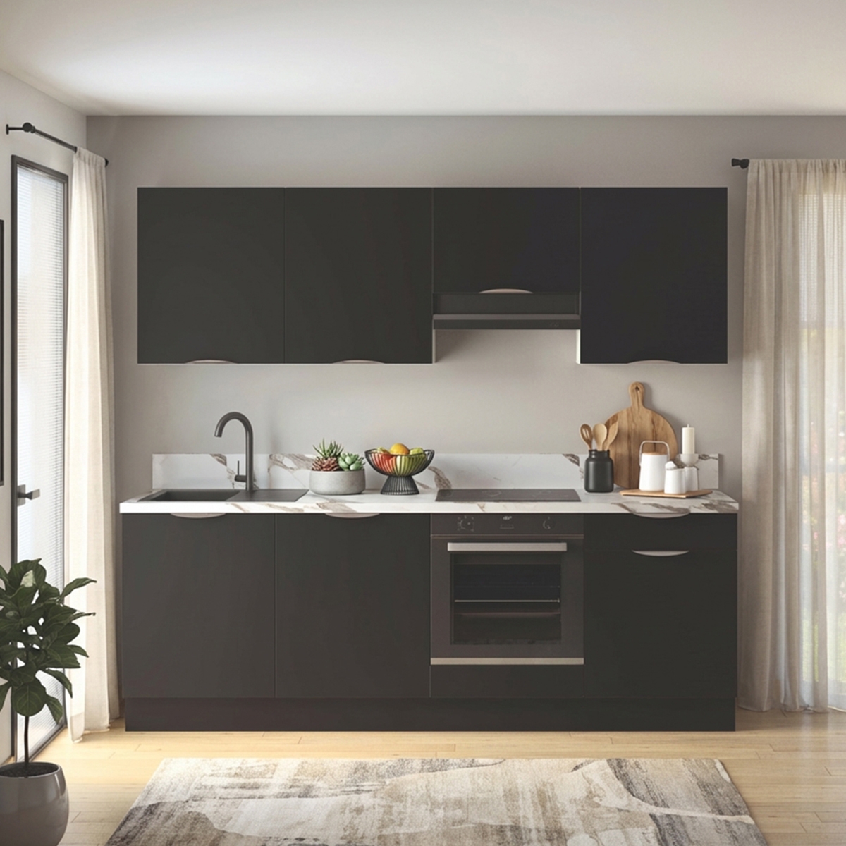 Cuisine complète Noir mat 240 cm avec meuble hotte - Avec Plan de travail et Crédence