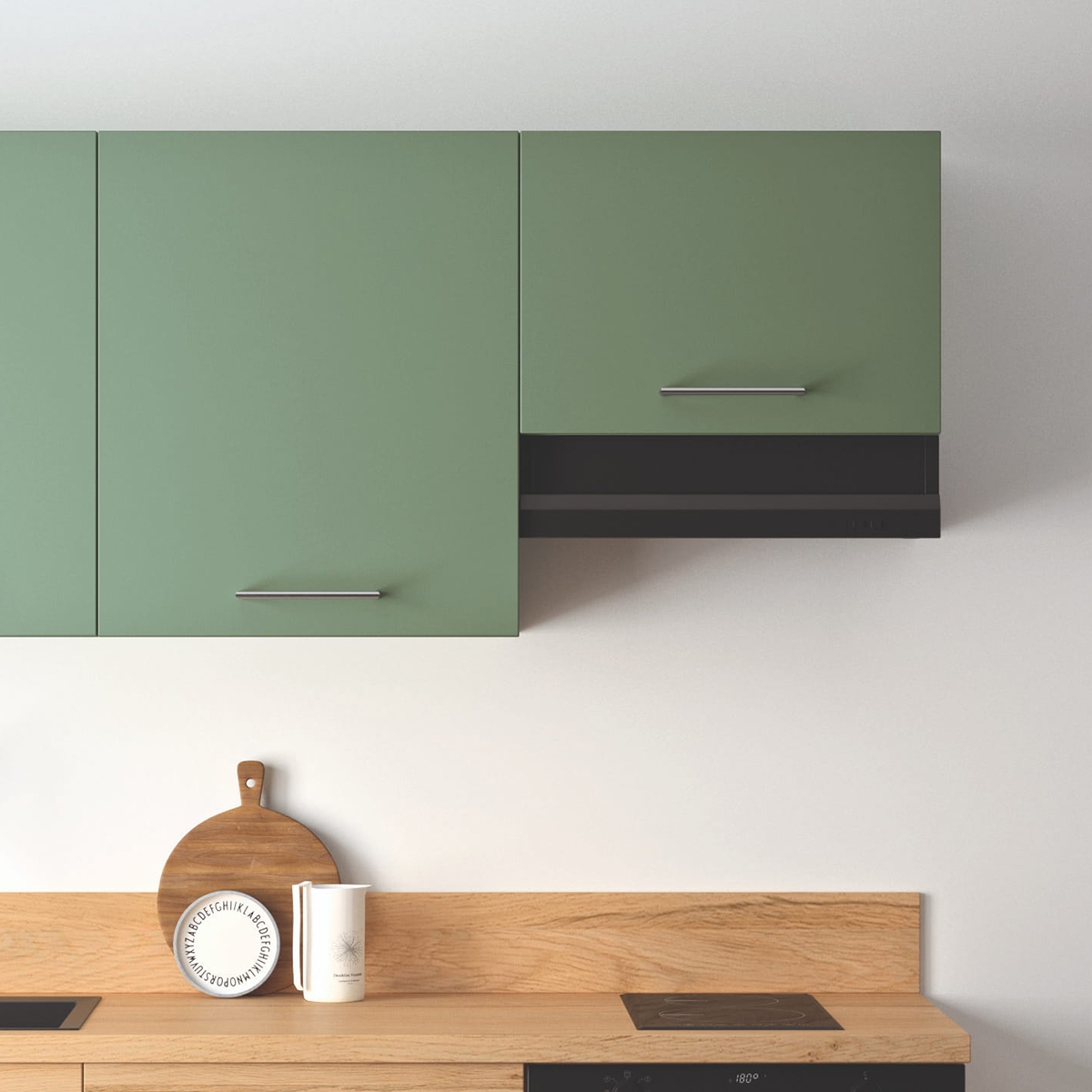 Cuisine complète Bois et Vert mat 180 cm avec meuble four - Avec Plan de travail et Crédence