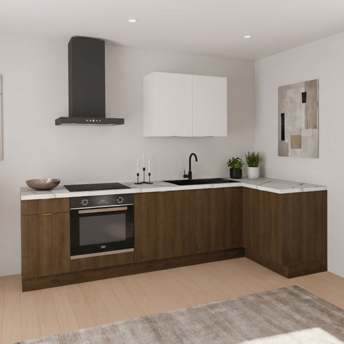 Cuisine complète en angle Noyer et Blanc mat 280 cm  - Avec Plan de travail