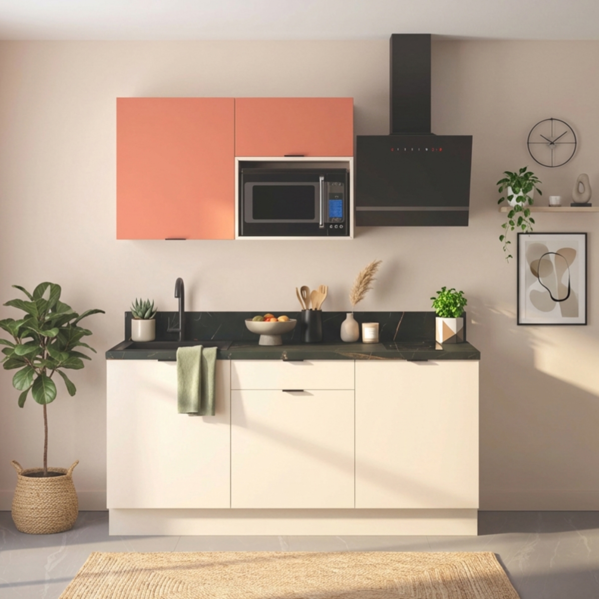 Cuisine complète Lin et Terracotta mat 180 cm avec meuble micro-ondes - Avec Plan de travail et Crédence
