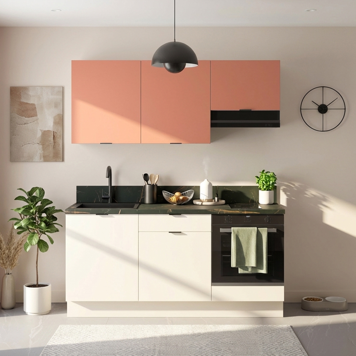 Cuisine complète Lin et Terracotta mat 180 cm avec meuble four - Avec Plan de travail