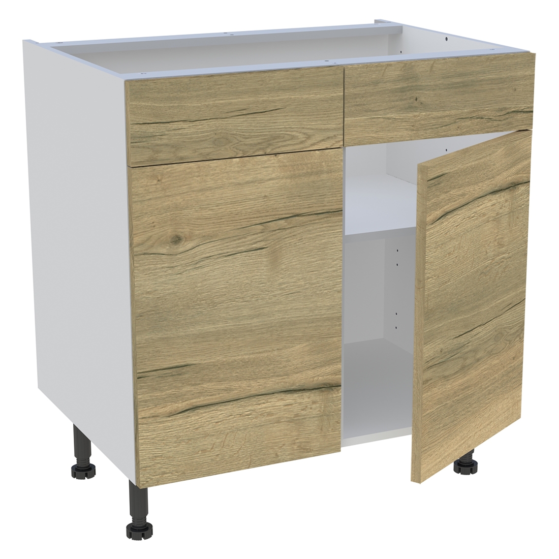 Meuble bas cuisine 2 portes, 2 faux tiroirs H. 87 cm x L. 80 cm - Chêne structuré