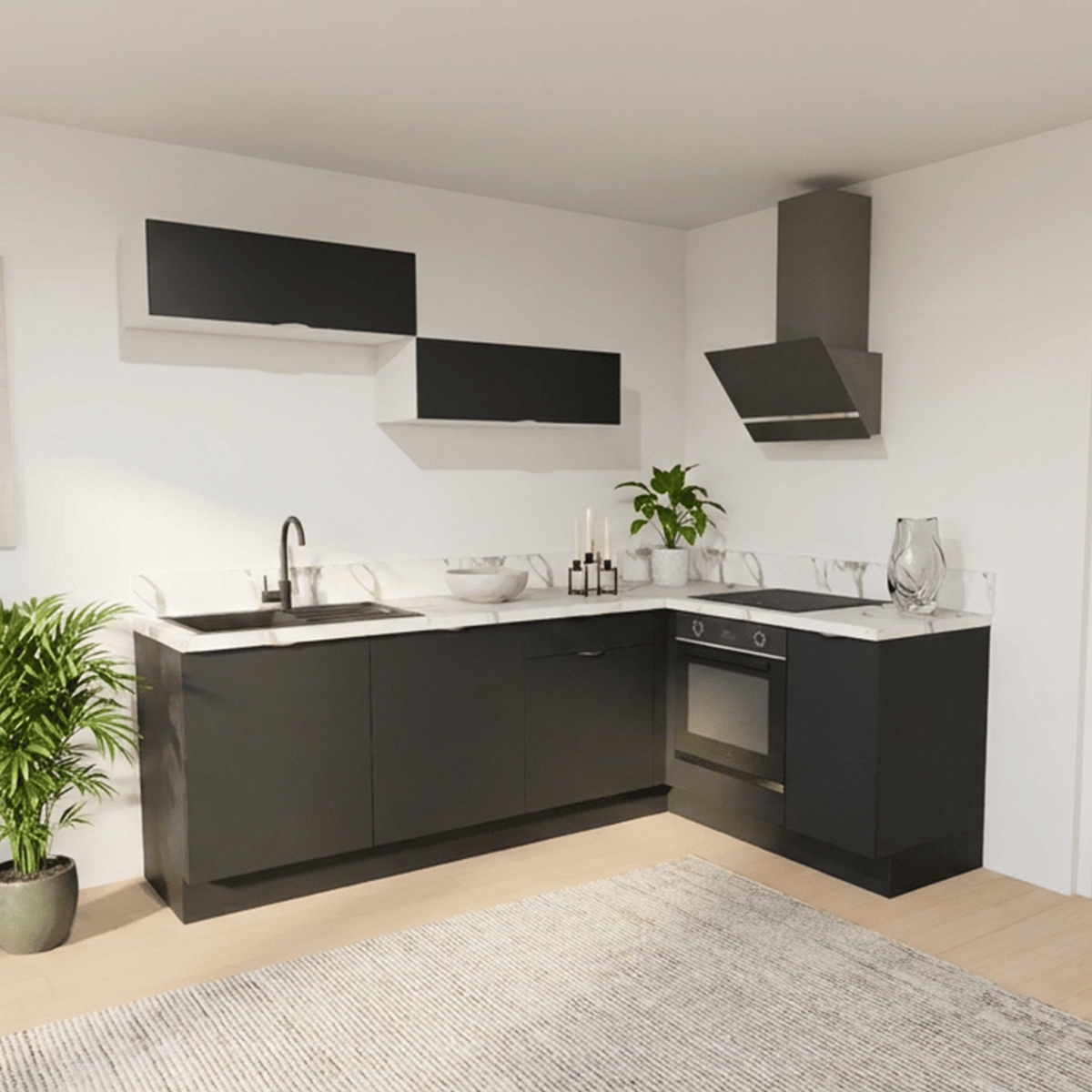 Cuisine complète en angle meubles hauts relevants Noir mat 280 cm 