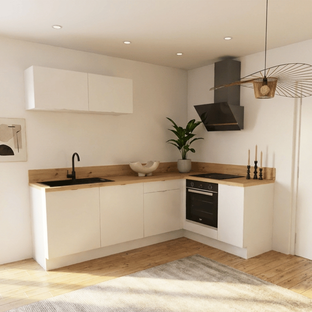 Cuisine complète en angle petits meubles hauts Blanc mat 280 cm - Avec Plan de travail