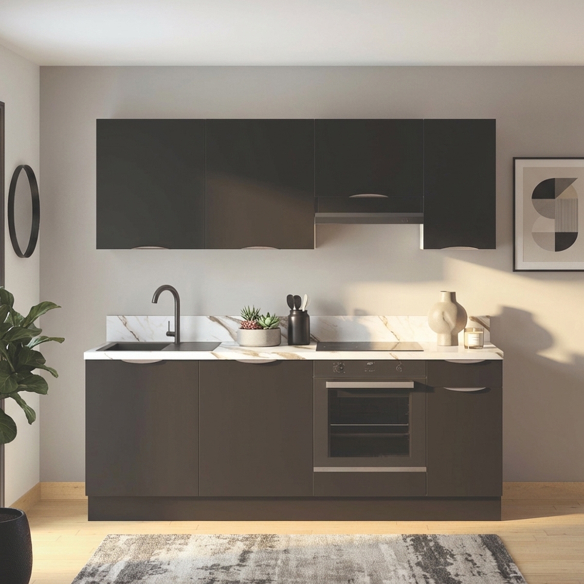 Cuisine complète Noir mat 220 cm avec meuble hotte - Avec Plan de travail et Crédence