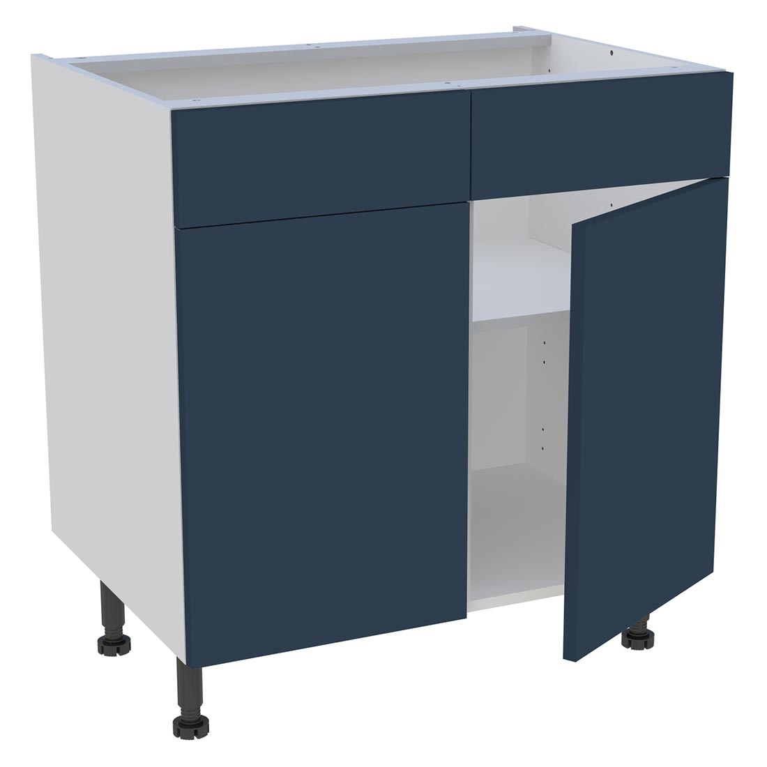 Meuble bas cuisine 2 portes, 2 faux tiroirs H. 87 cm x L. 80 cm - Bleu nuit mat