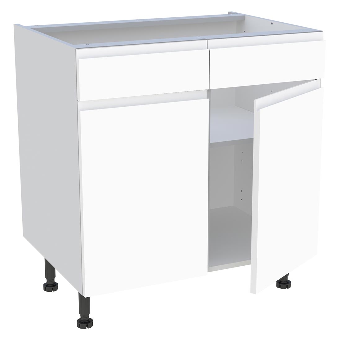 Meuble bas cuisine 2 portes, 2 faux tiroirs H. 87 cm x L. 80 cm - Blanc mat sans poignée