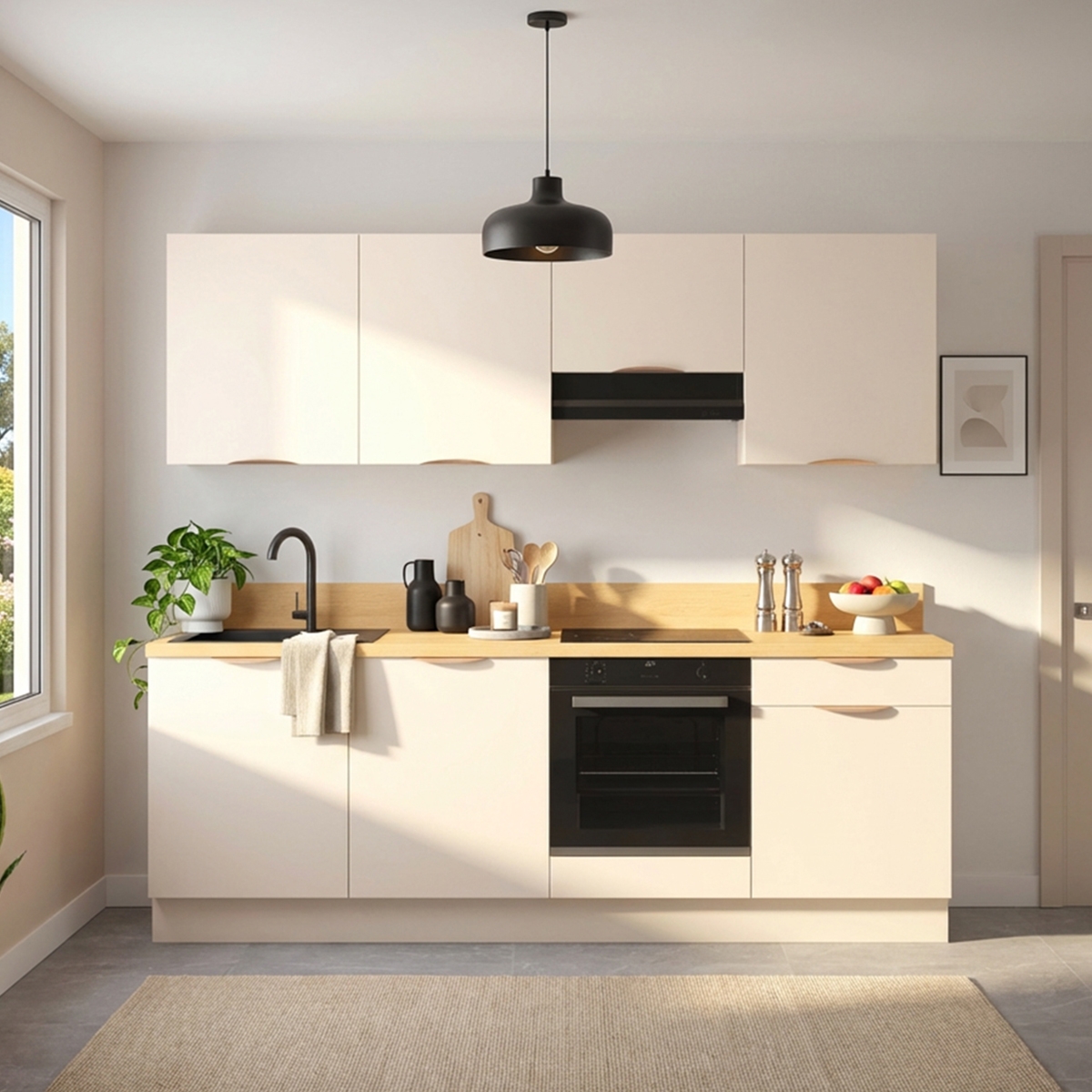 Cuisine complète Lin mat 240 cm avec meuble hotte - Avec Plan de travail et Crédence