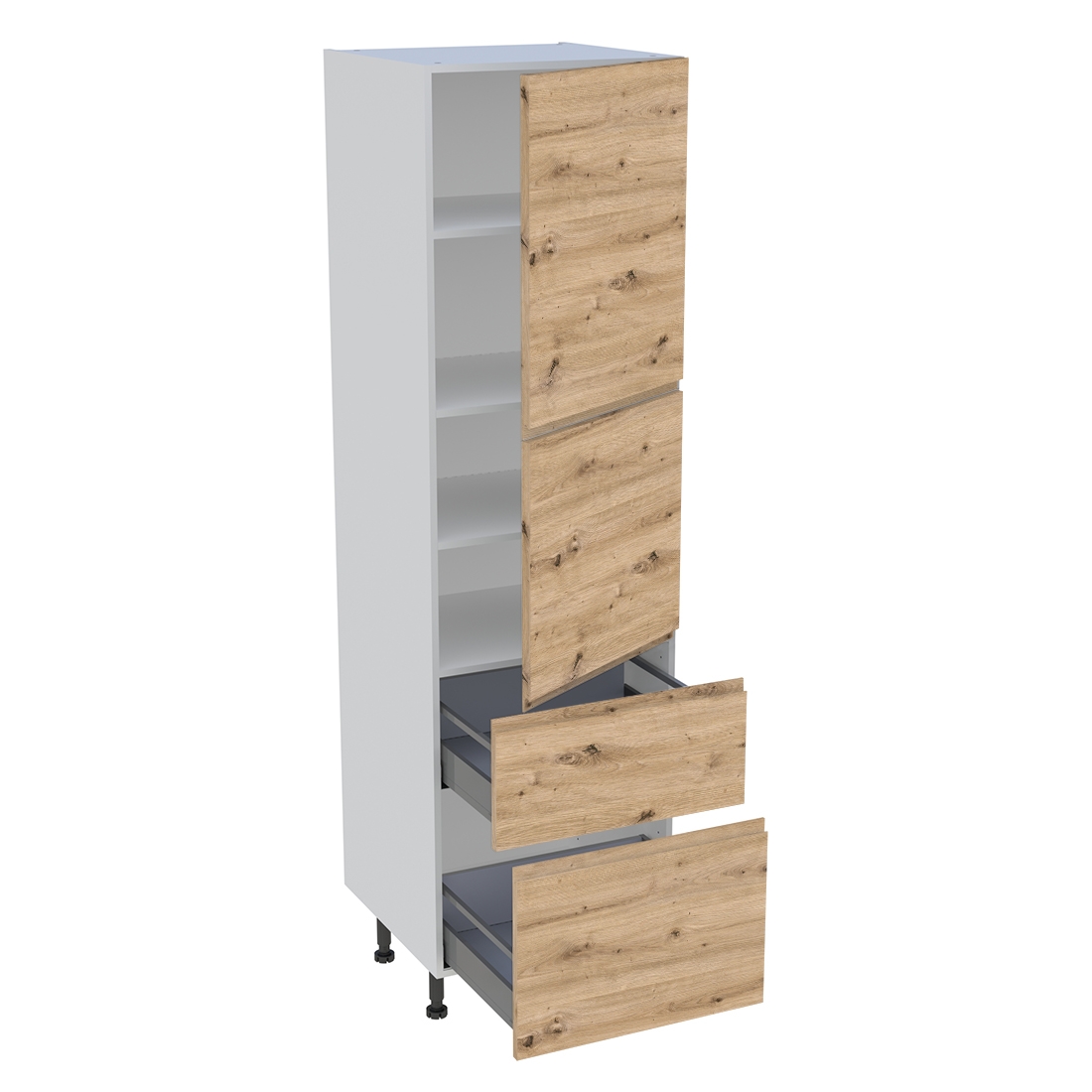 Colonne cuisine 2 portes, 2 casseroliers H. 216,6 cm x L. 60 cm - Chêne naturel sans poignée