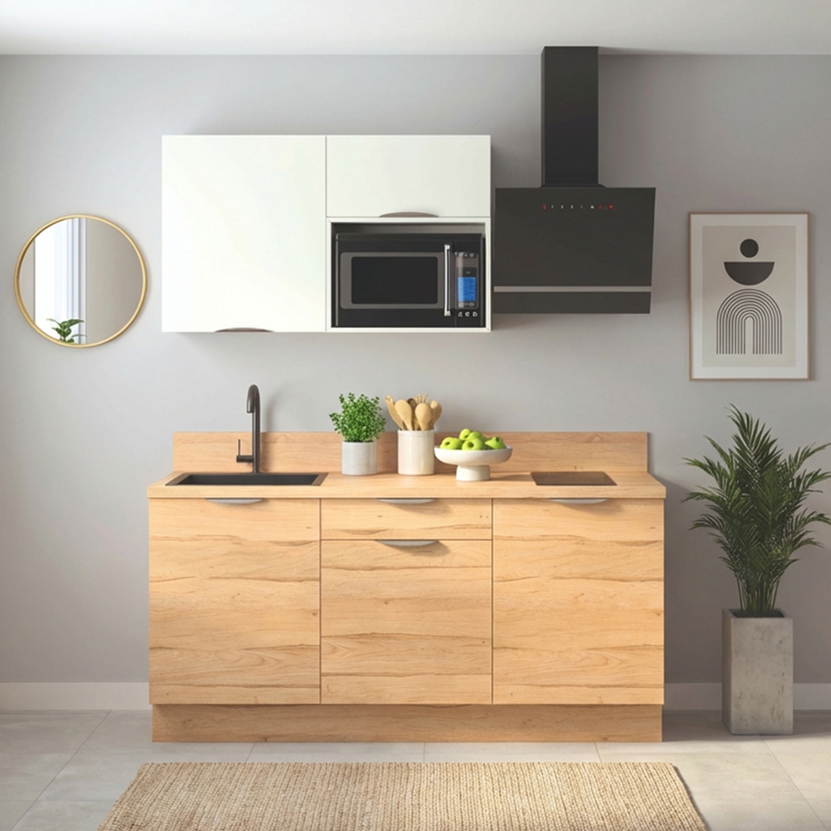 Cuisine complète Bois et Blanc mat 180 cm avec meuble micro-ondes - Avec Plan de travail