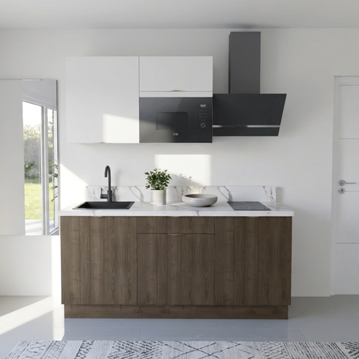Cuisine complète Noyer et Blanc mat 180 cm avec meuble micro-ondes - Avec Plan de travail