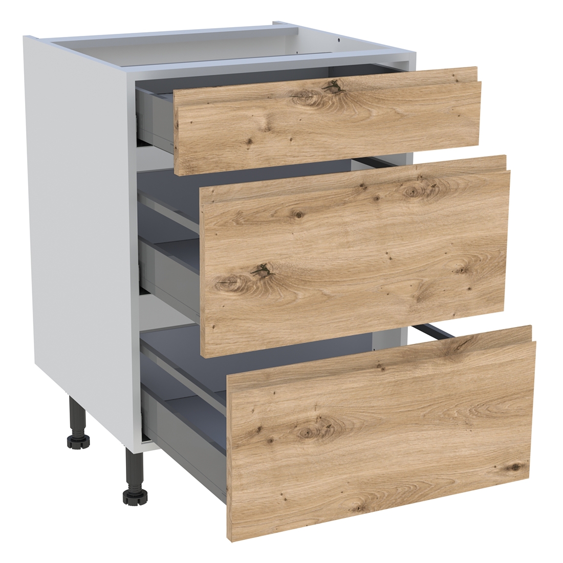 Meuble bas cuisine 1 tiroir, 2 casseroliers H. 87 cm x L. 60 cm - Chêne naturel sans poignée