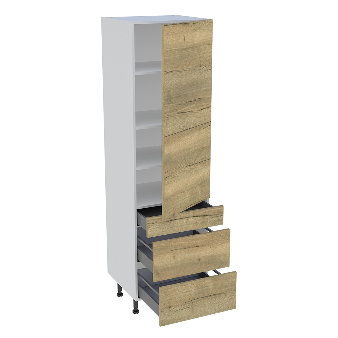 Colonne cuisine 2 portes, 1 tiroir, 2 casseroliers H. 216,6 cm x L. 60 cm - Chêne structuré