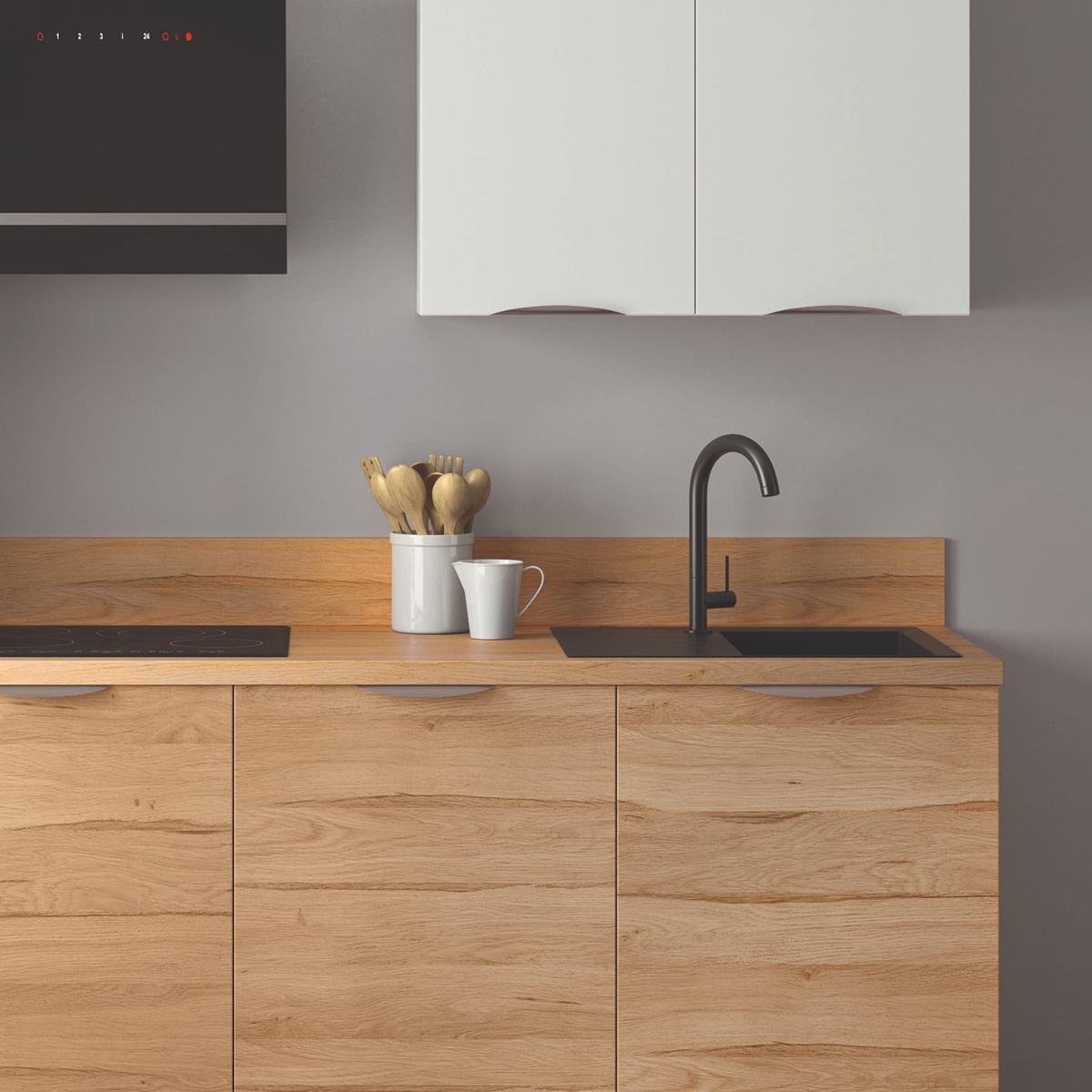 Cuisine complète Bois et Blanc mat 240 cm avec meuble colonne - Avec Plan de travail et Crédence