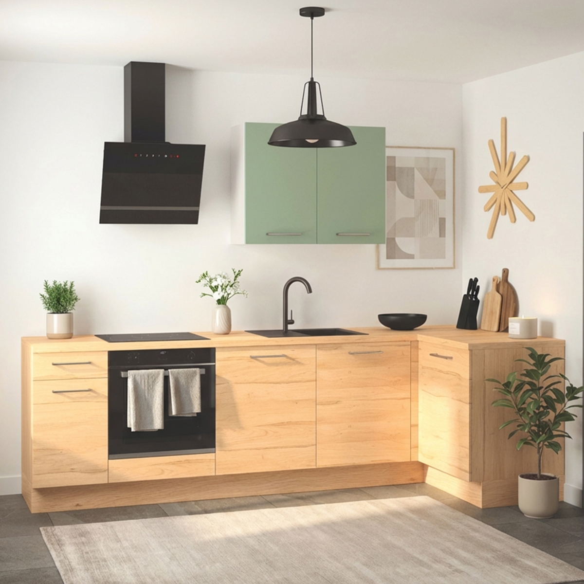 Cuisine complète en angle Bois et Vert mat 280 cm - Avec Plan de travail