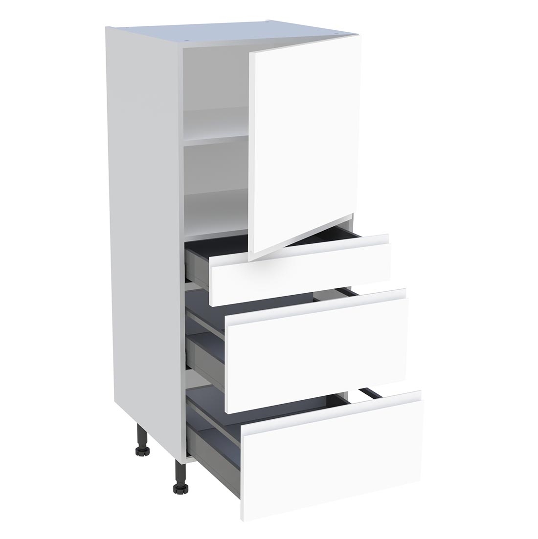 Demi colonne cuisine 1 porte, 1 tiroir, 2 casseroliers H. 129,6 cm x L. 60 cm - Blanc mat sans poignée