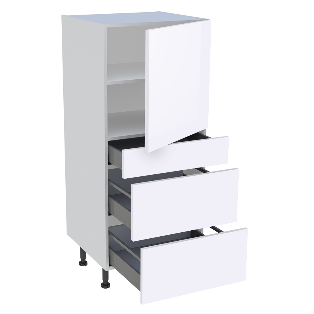 Demi colonne cuisine 1 porte, 1 tiroir, 2 casseroliers H. 129,6 cm x L. 60 cm - Blanc brillant