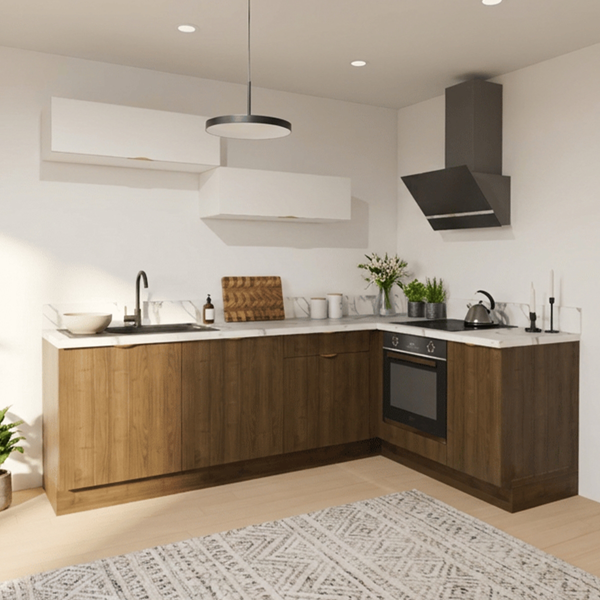 Cuisine complète en angle meubles hauts relevants Noyer et Blanc mat 280 cm 