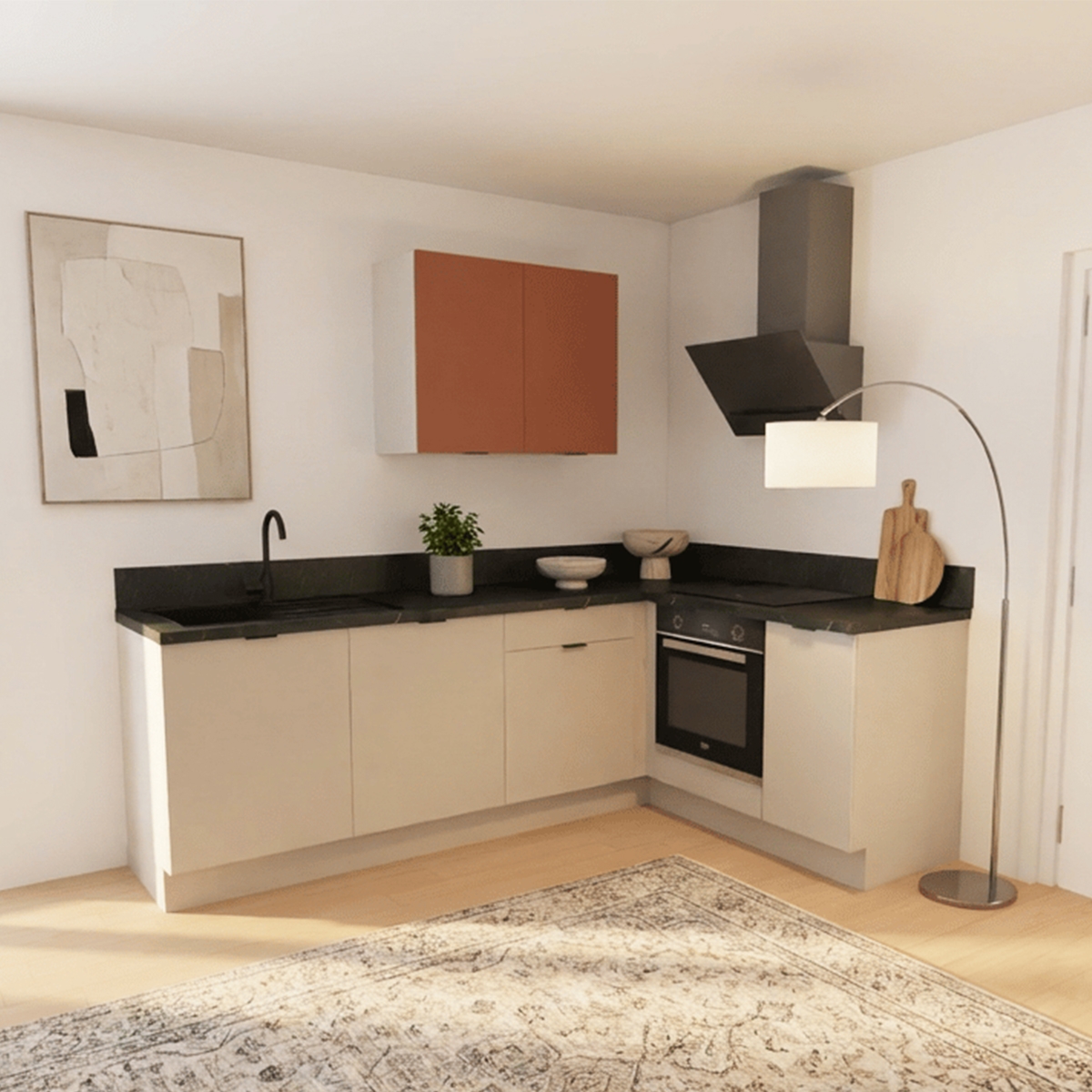 Cuisine complète en angle four à droite Lin et Terracotta mat 280 cm