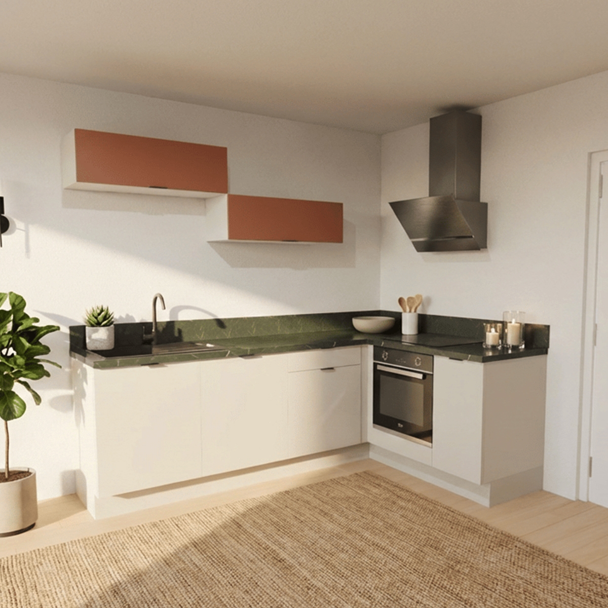Cuisine complète en angle meubles hauts relevants Lin et Terracotta mat 280 cm