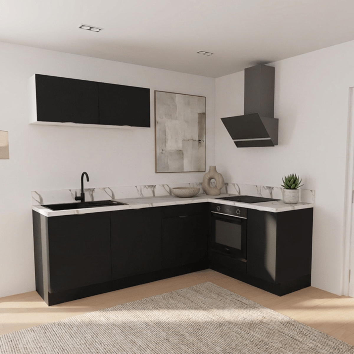 Cuisine complète en angle petits meubles hauts Noir mat 280 cm 