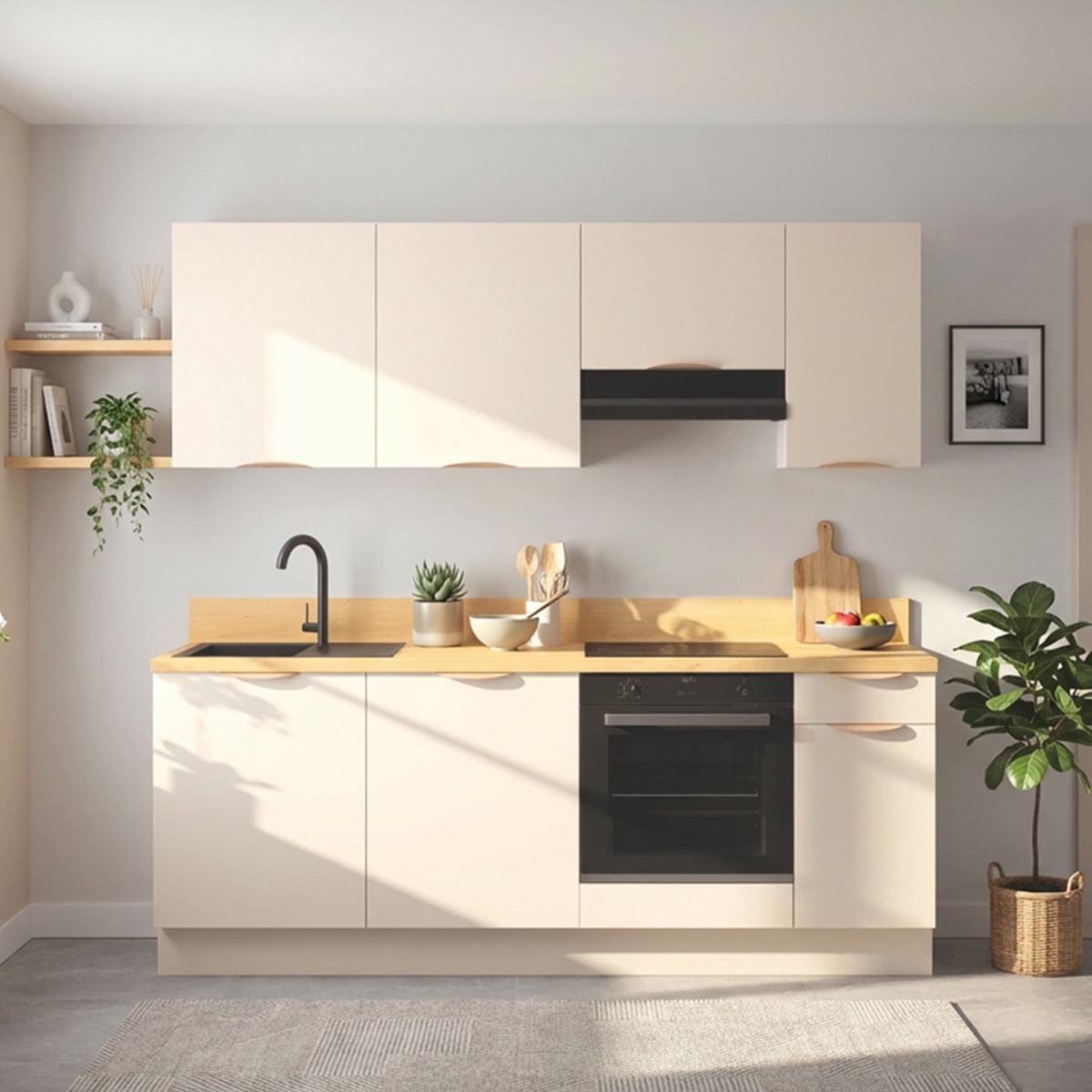 Cuisine complète Lin mat 220 cm avec meuble hotte
