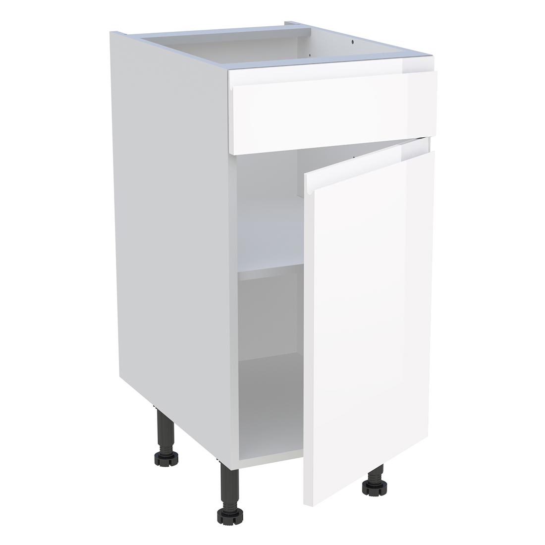 Meuble bas cuisine 1 porte, 1 faux tiroir H. 87 cm x L. 40 cm - Blanc brillant sans poignée