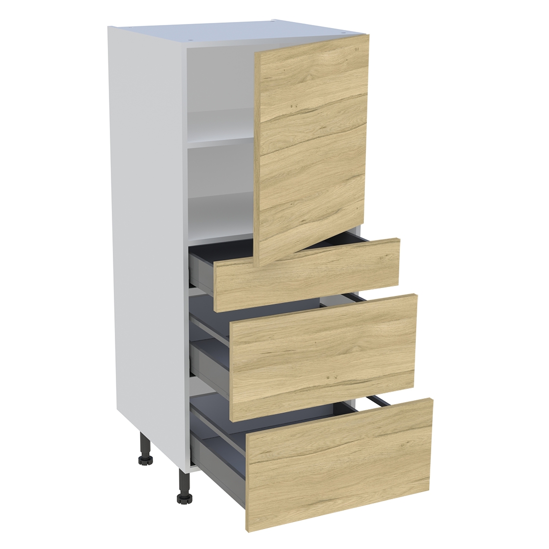 Demi colonne cuisine 1 porte, 1 tiroir, 2 casseroliers H. 129,6 cm x L. 60 cm - Chêne clair