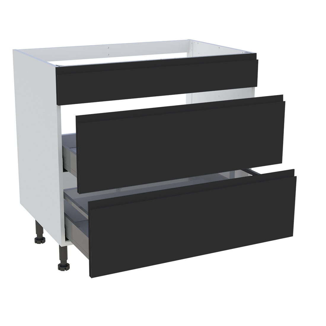 Meuble bas cuisson cuisine 1 faux tiroir, 2 casseroliers H. 87 cm x L. 90 cm - Noir mat sans poignée