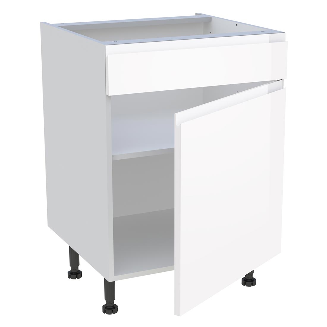 Meuble bas cuisine 1 porte, 1 faux tiroir H. 87 cm x L. 60 cm - Blanc brillant sans poignée