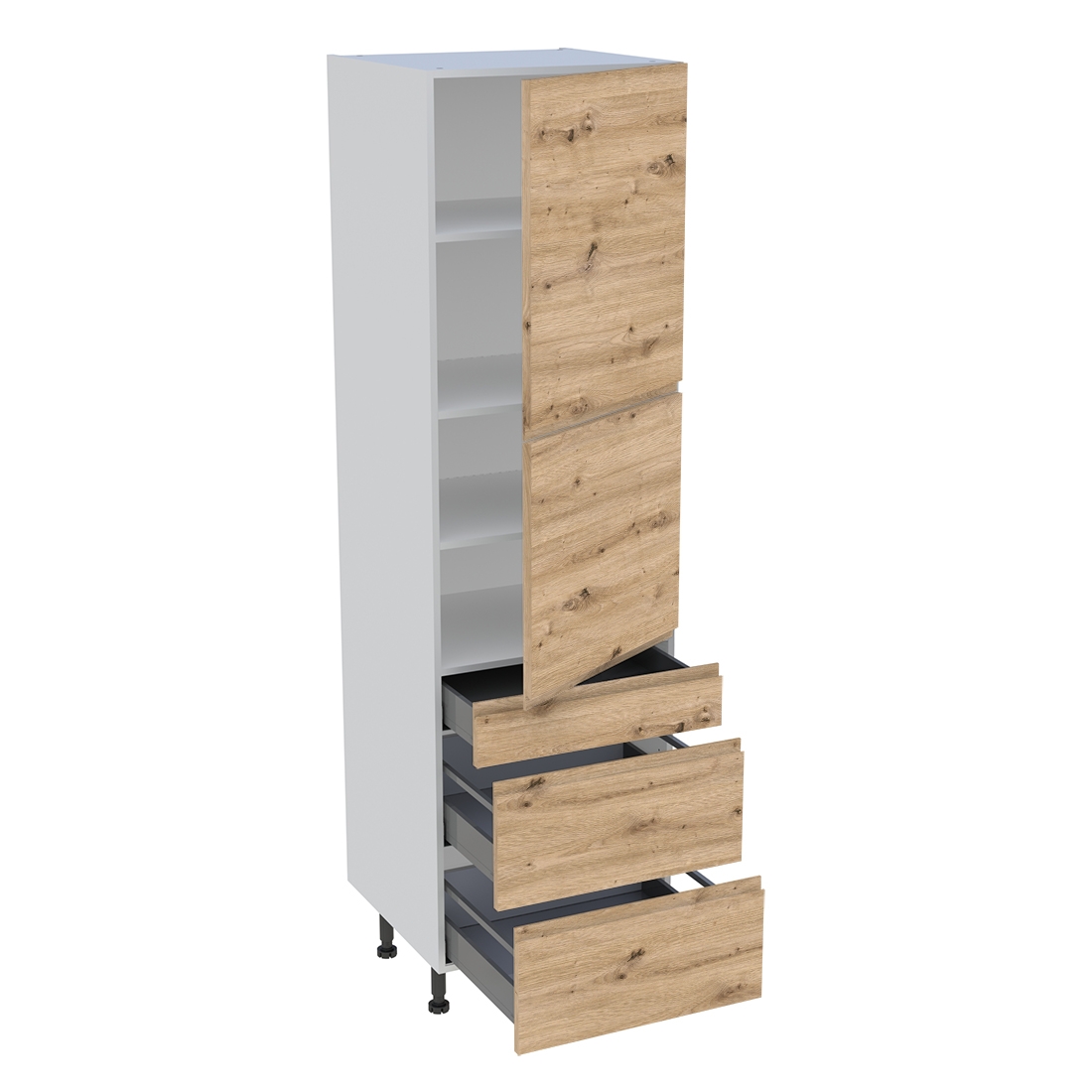 Colonne cuisine 2 portes, 1 tiroir, 2 casseroliers H. 216,6 cm x L. 60 cm - Chêne naturel sans poignée