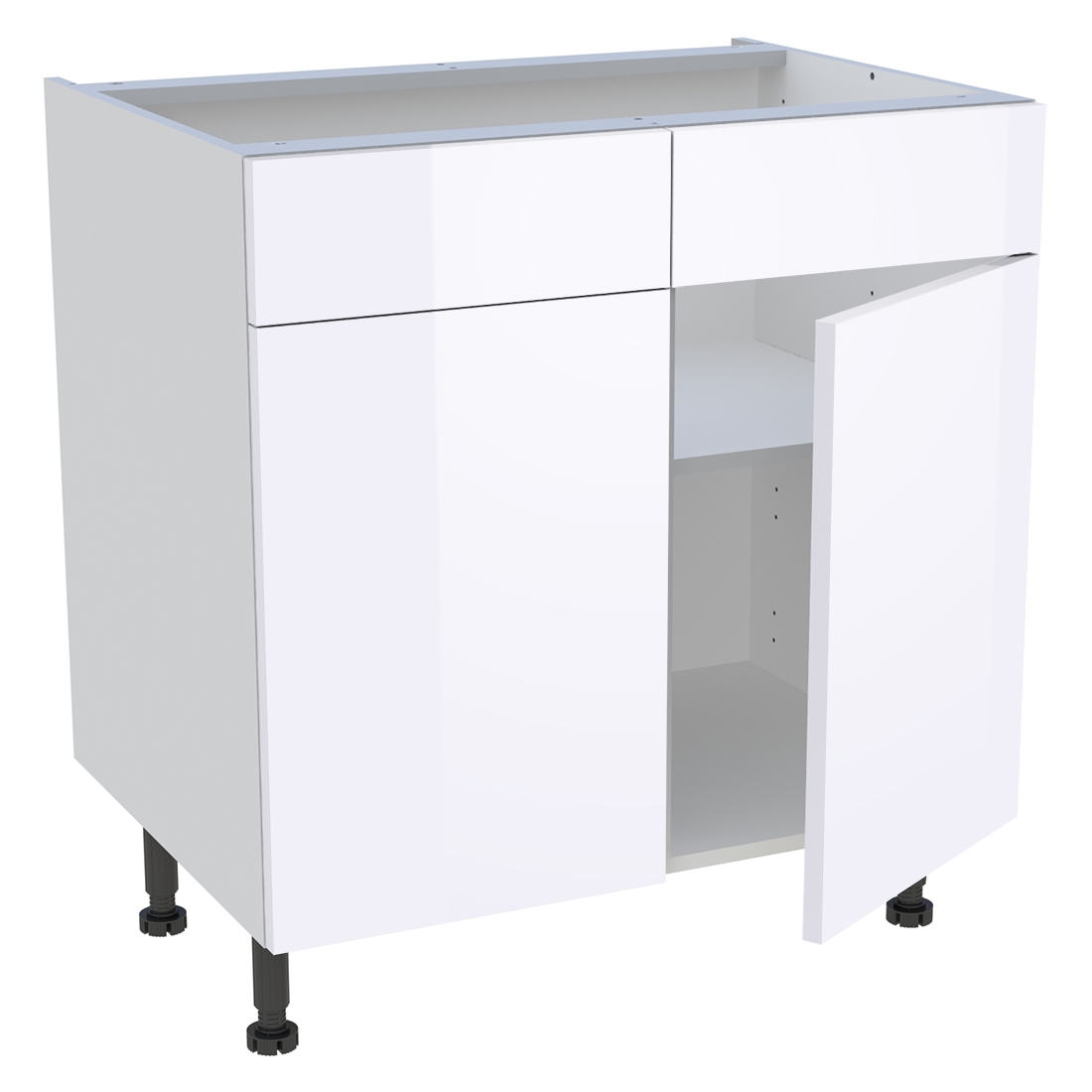 Meuble bas cuisine 2 portes, 2 faux tiroirs H. 87 cm x L. 80 cm - Blanc brillant