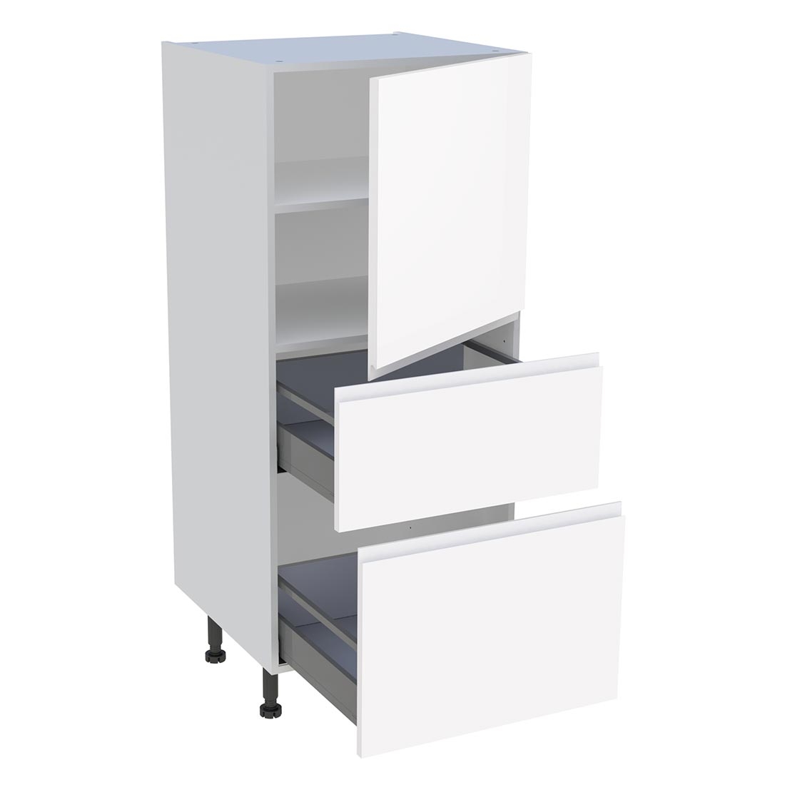 Demi colonne cuisine 1 porte, 2 casseroliers H. 129,6 cm x L. 60 cm - Blanc brillant sans poignée