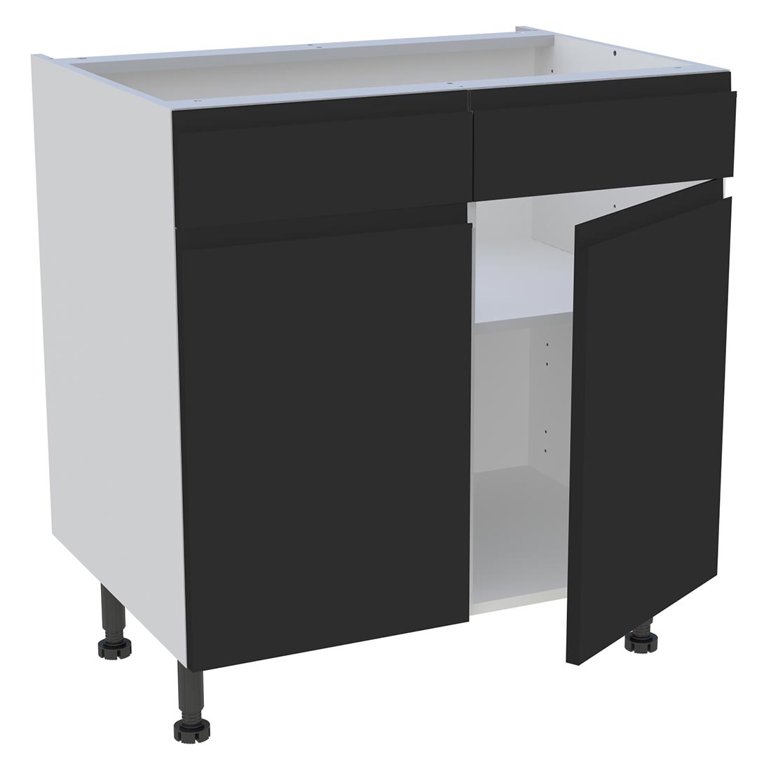 Meuble bas cuisine 2 portes, 2 faux tiroirs H. 87 cm x L. 80 cm - Noir mat sans poignée