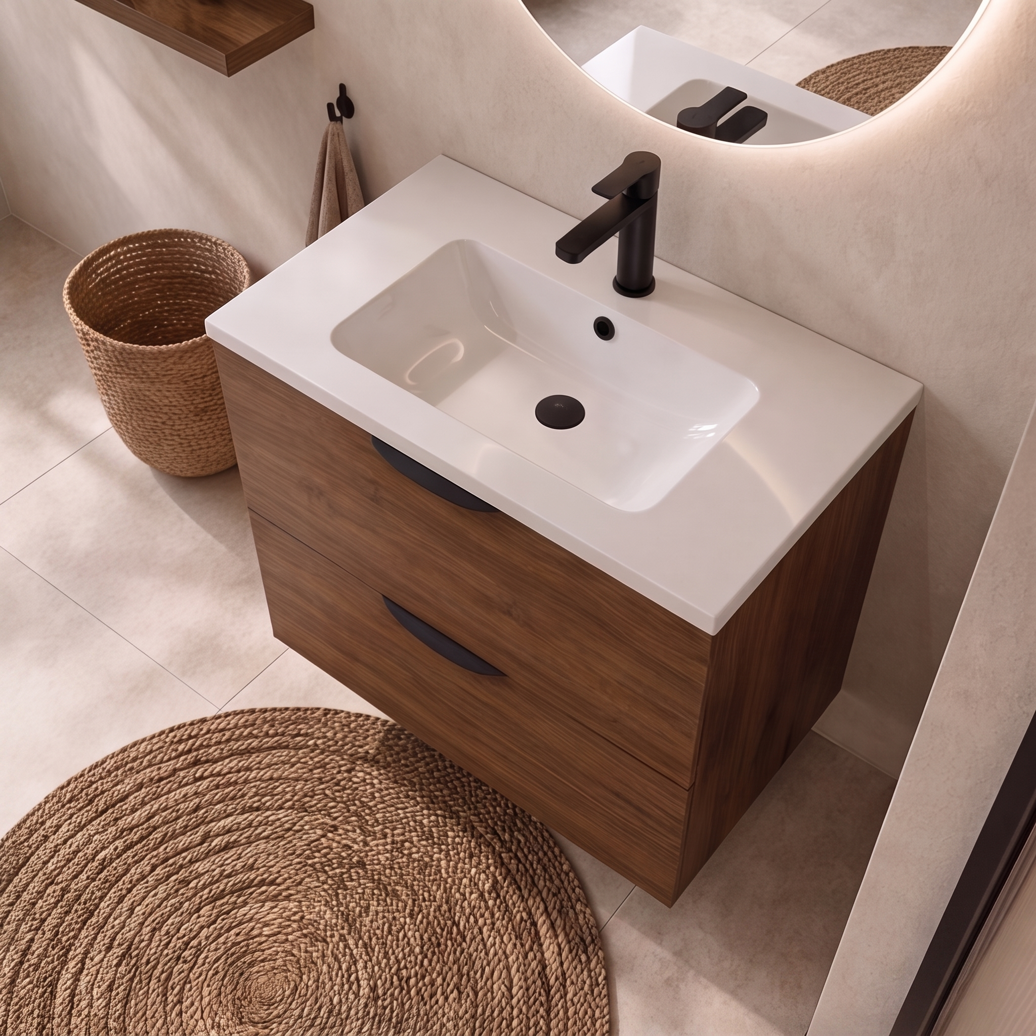Meuble de salle de bain suspendu 60 cm 2 tiroirs avec vasque céramique - Noyer foncé