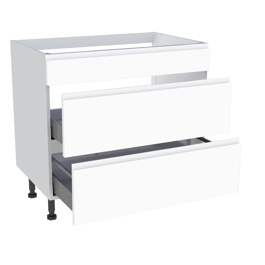 Meuble bas cuisson cuisine 1 faux tiroir, 2 casseroliers H. 87 cm x L. 90 cm - Blanc mat sans poignée