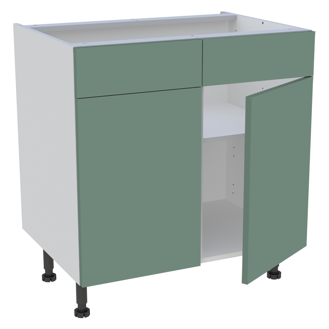 Meuble bas cuisine 2 portes, 2 faux tiroirs H. 87 cm x L. 80 cm - Vert sauge mat