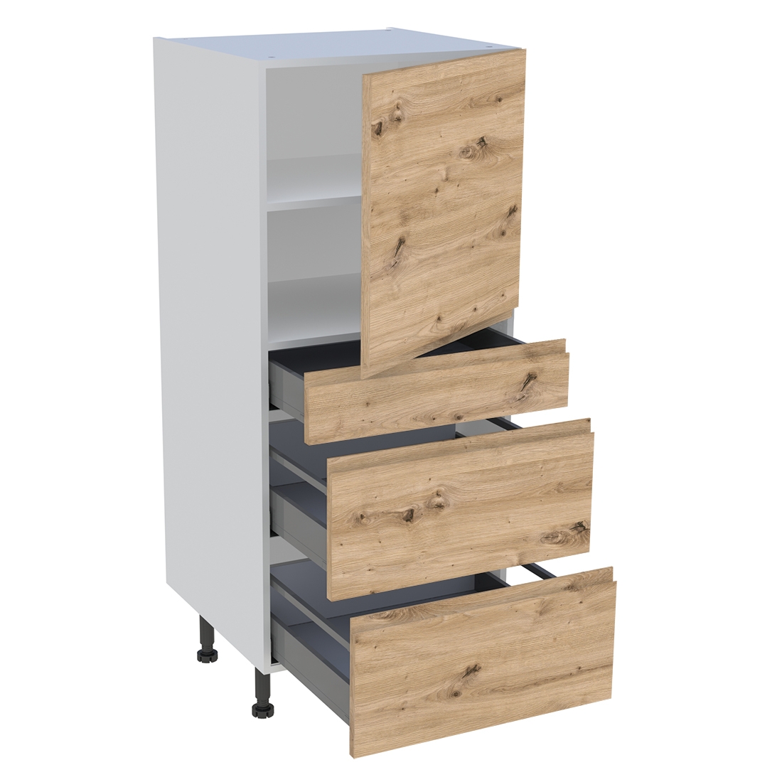 Demi colonne cuisine 1 porte, 1 tiroir, 2 casseroliers H. 129,6 cm x L. 60 cm - Chêne naturel sans poignée