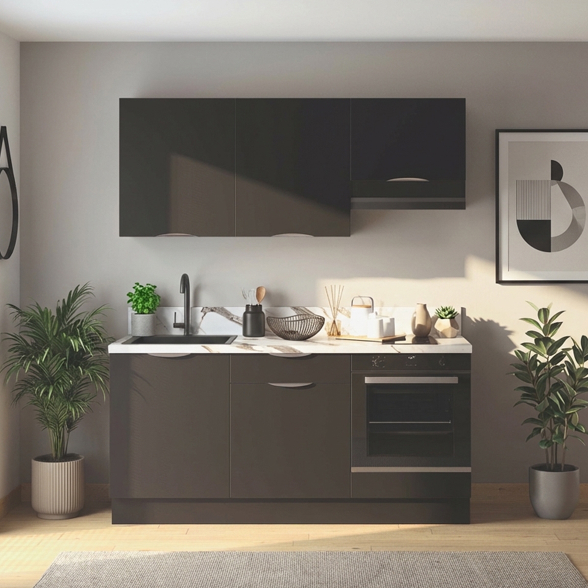 Cuisine complète Noir mat 180cm avec meuble four - Avec Plan de travail