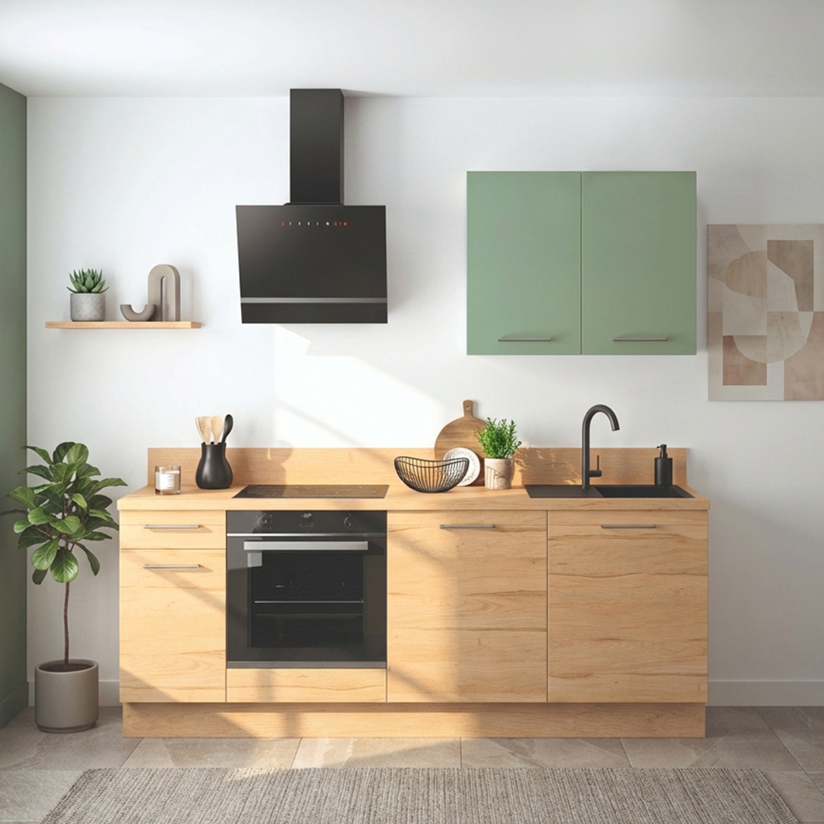 Cuisine complète Bois et Vert mat 220 cm - Avec Plan de travail et Crédence
