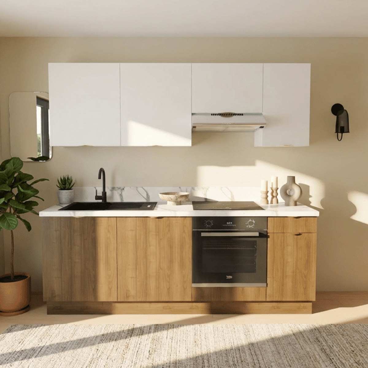 Cuisine complète Noyer et Blanc mat 220 cm avec meuble hotte