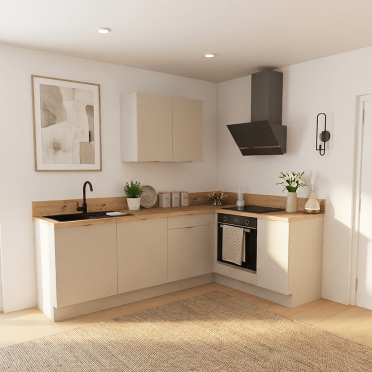 Cuisine complète en angle four à droite Lin mat 280 cm - Avec Plan de travail et Crédence