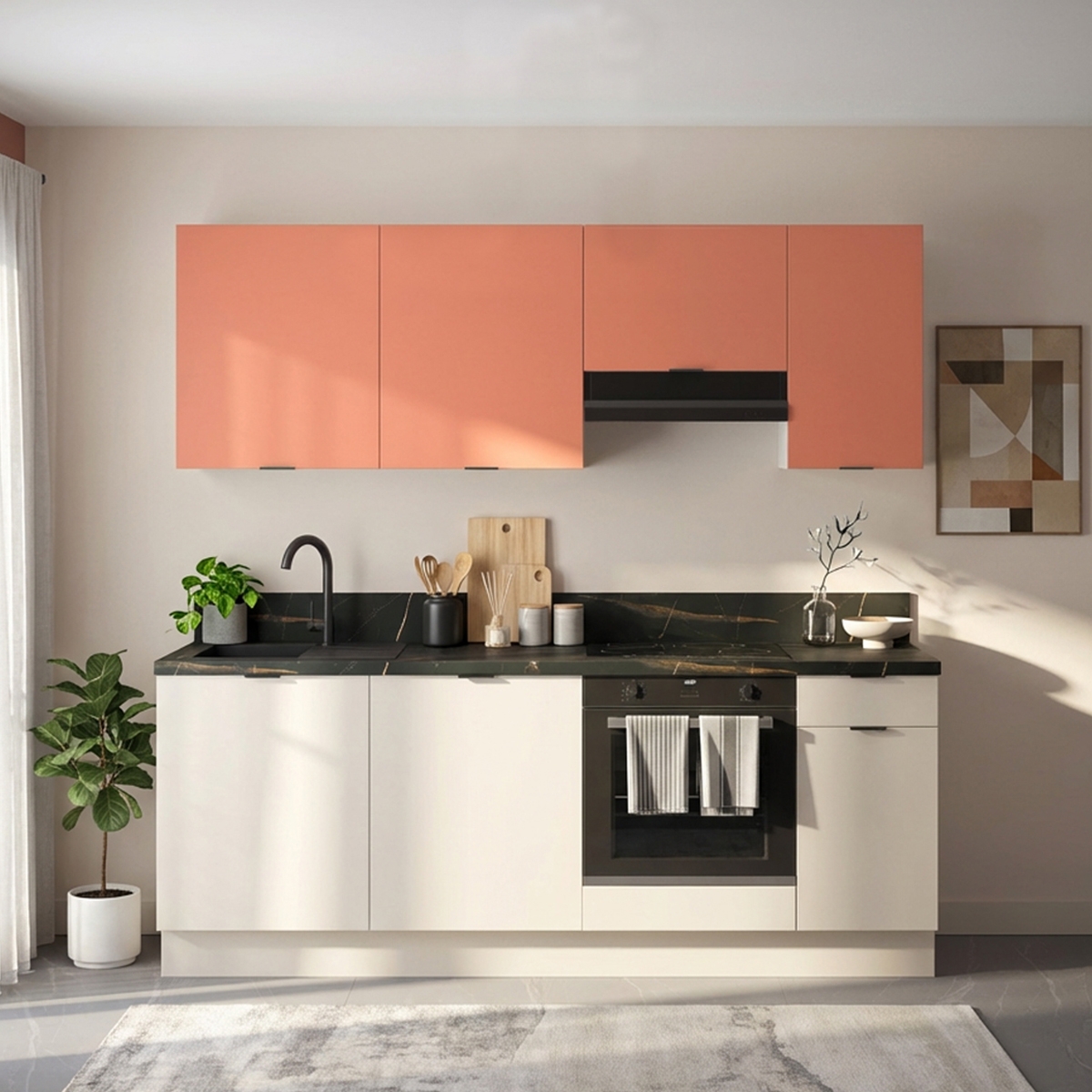 Cuisine complète Lin et Terracotta mat 220 cm avec meuble
  hotte - Avec Plan de travail et Crédence