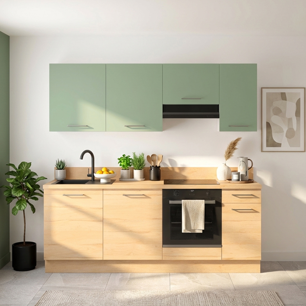 Cuisine complète Bois et Vert mat 220 cm avec meuble hotte - Avec Plan de travail et Crédence