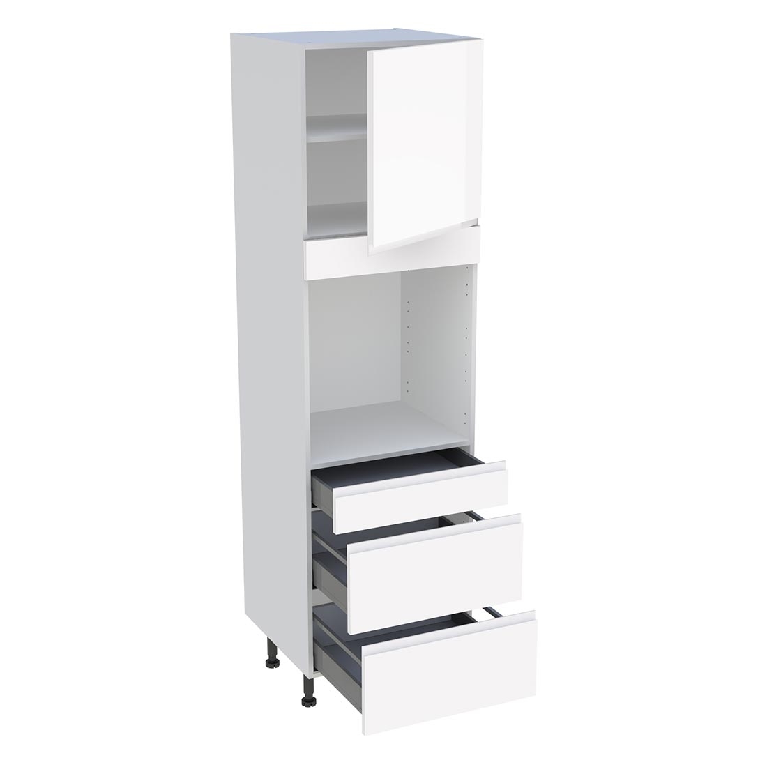 Colonne cuisine 1 porte, 1 tiroir, 2 casseroliers H. 216,6 cm x L. 60 cm - Blanc brillant sans poignée