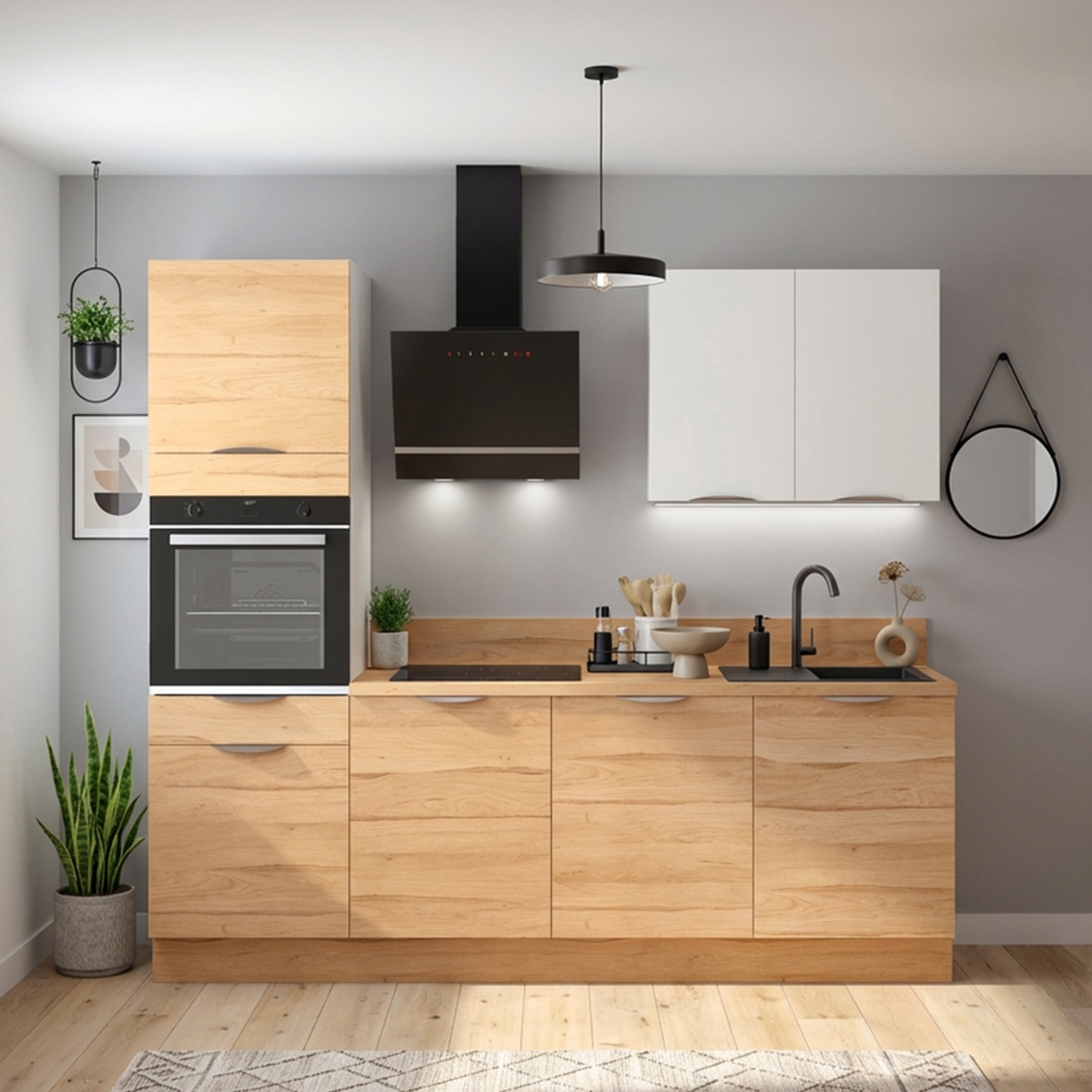 Cuisine complète Bois et Blanc mat 240 cm avec meuble colonne - Avec Plan de travail