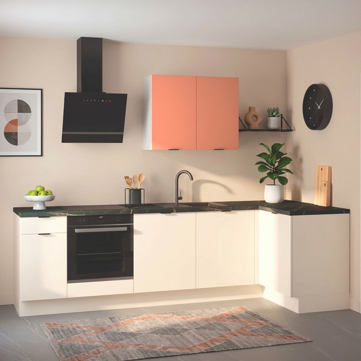 Cuisine complète en angle Lin et Terracotta mat 280 cm - Avec Plan de travail